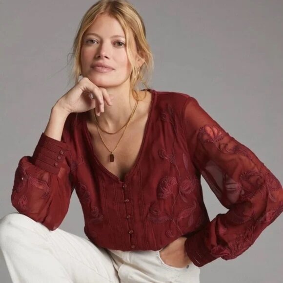 ANTHROPOLOGIE Floral Embroidered Lace long Sleeve Top Blouse - Picture 1 of 16